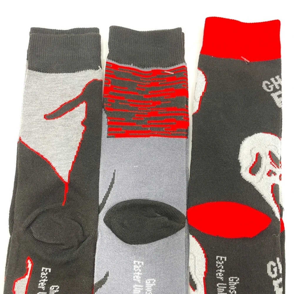 NEW Ghost Face Scream Crew Socks Lot 3 Pairs Fun World Horror Black Red Gray